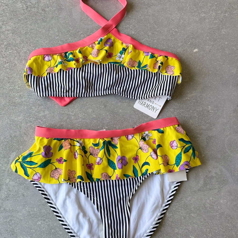 Heart and Harmony Floral Striped Bikini Set with Pink Trim